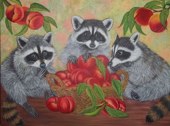 Three Raccoon and Peaches