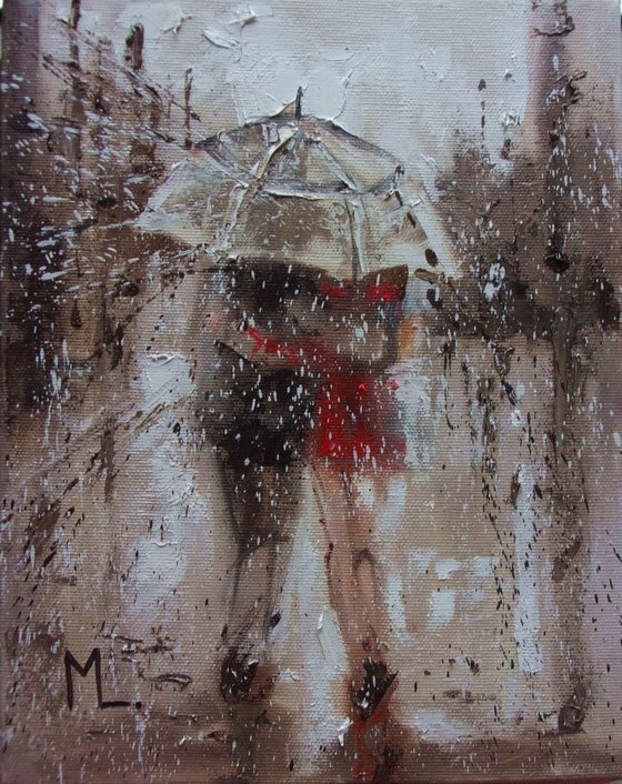 " DATE IN THE RAINY LONDON " original painting  palette knife COUPLE CITY GIFT