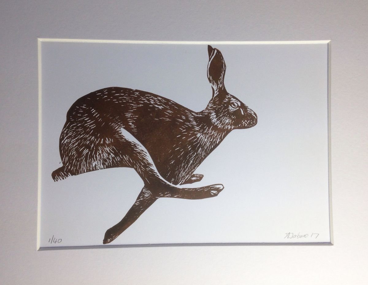 Running Hare Linocut, Printed in Brown, Mounted Artfinder