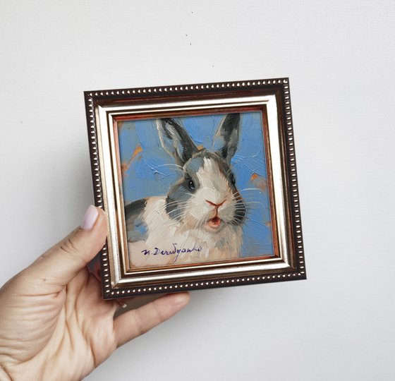 Cute bunny rabbit painting original oil framed 4x4, White gray Bunny pet art gift