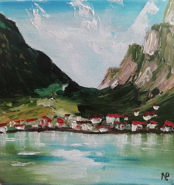 Norway, original small oil landscape painting, gift idea, art for home