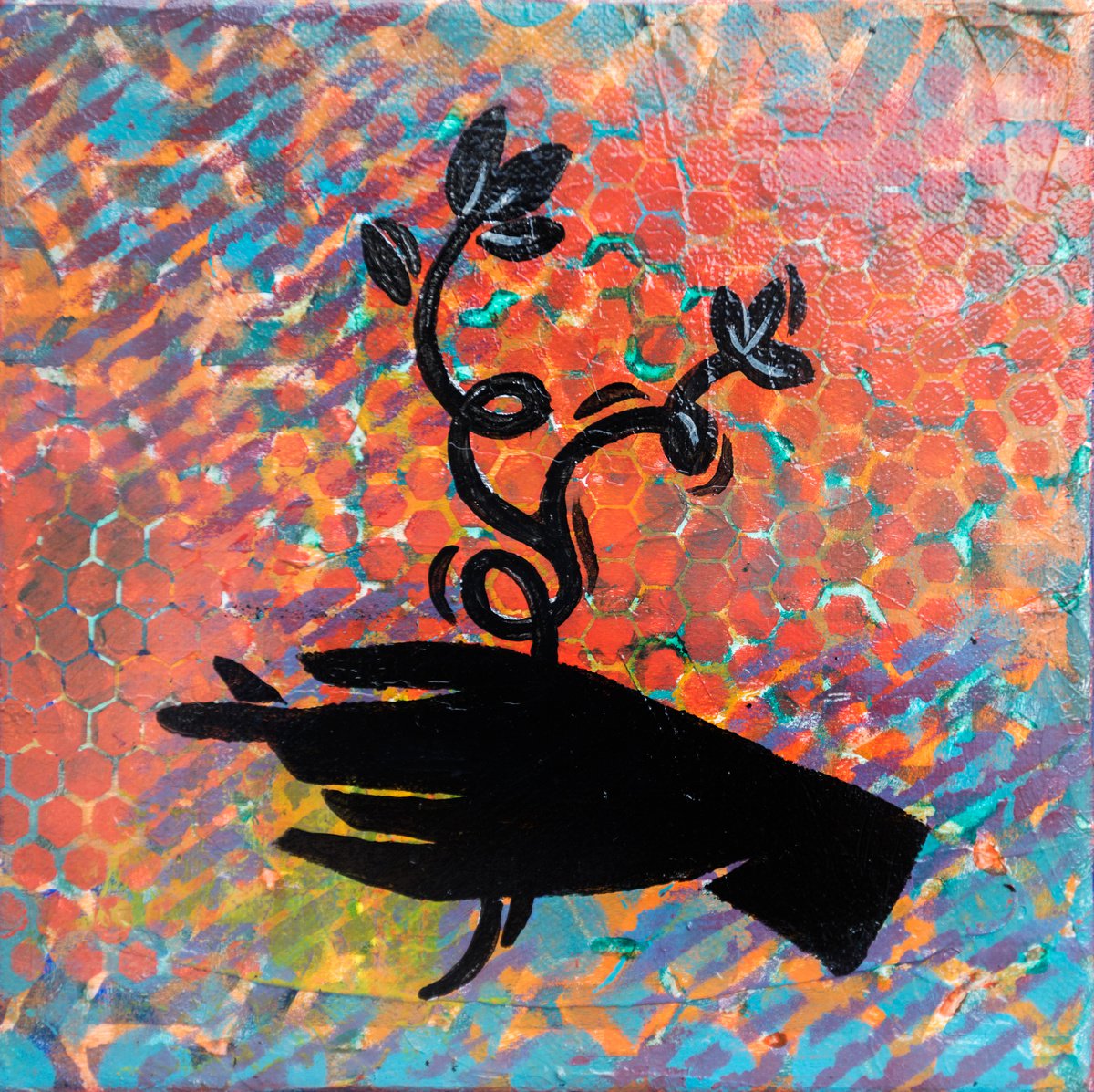 Graphic Portrait Acrylic Painting By Ariadna De Raadt, 8 X 8, Hands Giving 3, Original Artwork