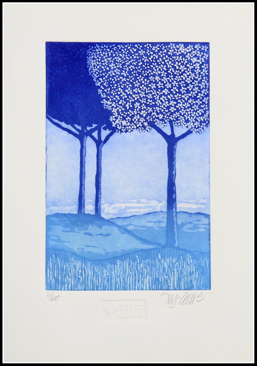 Illustrative Landscape Etchings & Engravings By Mariann Johansen-Ellis, 10 X 14", Forever Blue Skies, Original Artwork