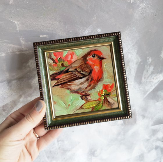 Sparrow red chest bird painting original, Sparrow oil painting framed, Mini picture of birds in frame, Burn orange bird art gift for Mom