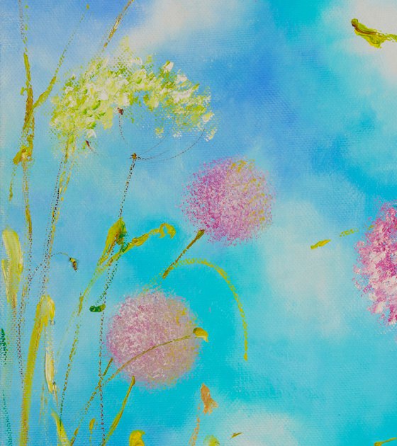 AIR DANCE - Light. Floral abstraction. Pastel colors. Pink dandelions. Blue background. Summer. Air. Colorfull. Flying flowers.