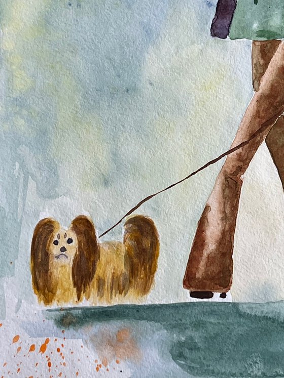 Lady with Dog Original Watercolor Painting