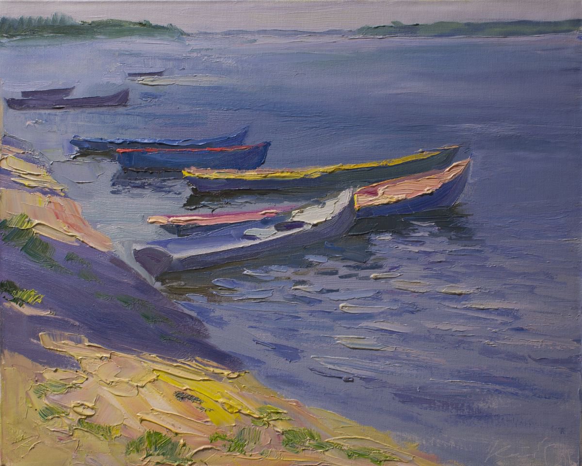Impressionistic Landscape Oil Painting By Sergey Kostov, 20 X 16", The Boats, Original Artwork