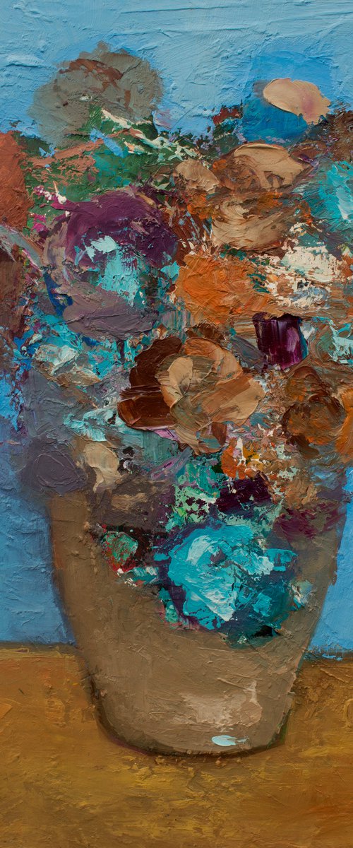 Summer Bouquet  Carnations 3 - Roses on blue by Damien Venditti