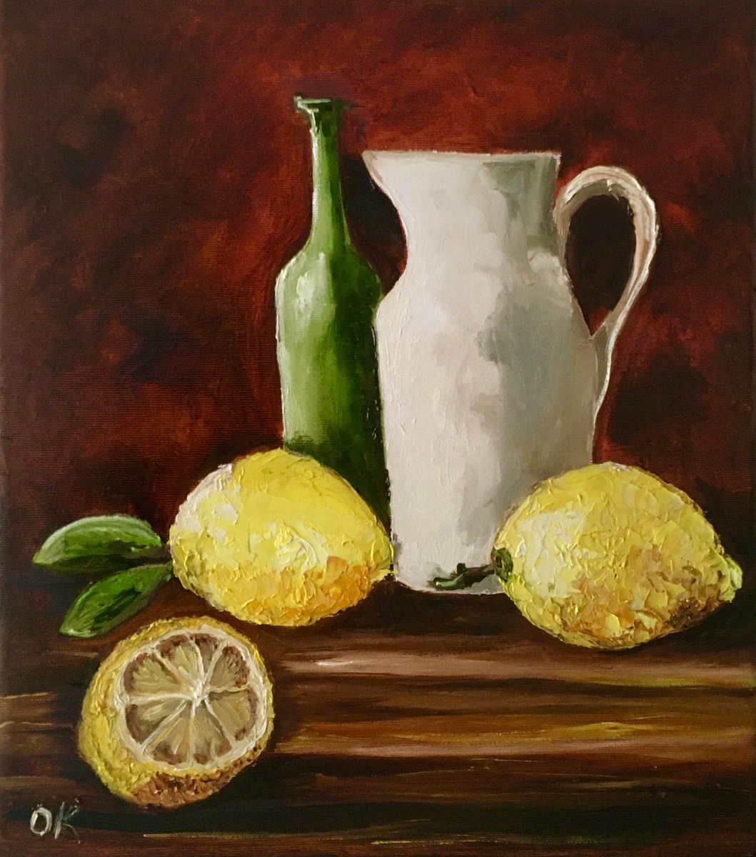 Bottles and lemons. Still life. Palette knife painting on linen canvas by Olga Koval