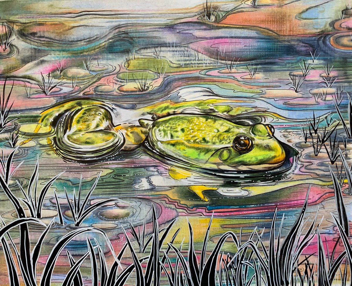 Illustrative Painting , Swimming In The Rainbow Waters By Karen Elaine Evans, 12 X 10, Artwork For Sale On Artfinder