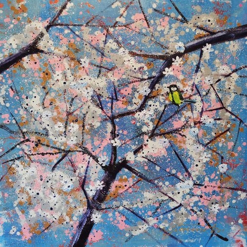 'SPRING BLOSSOMS WITH A BIRD' - Sakura Large Acrylics Painting on Canvas by Ion Sheremet