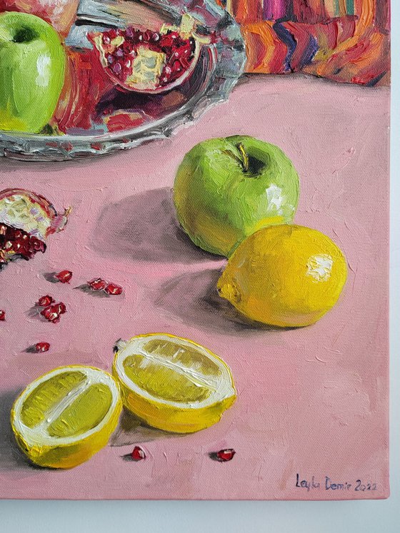 Lemon, apple and pomegranate fruit still life original oil painting 16x20''