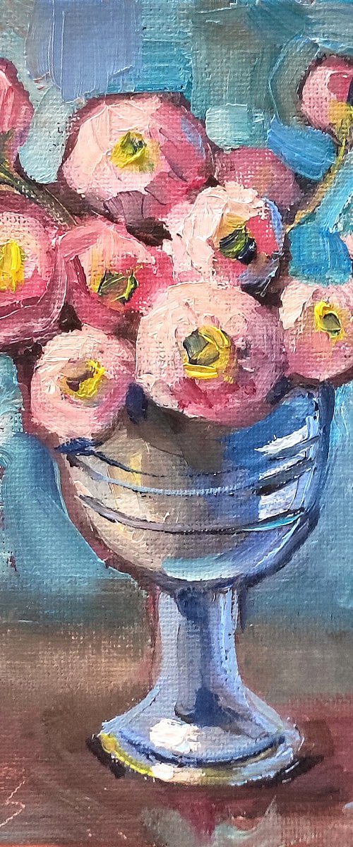 Pink Blossoms in a Silver Vase by Natalia Miasnikova