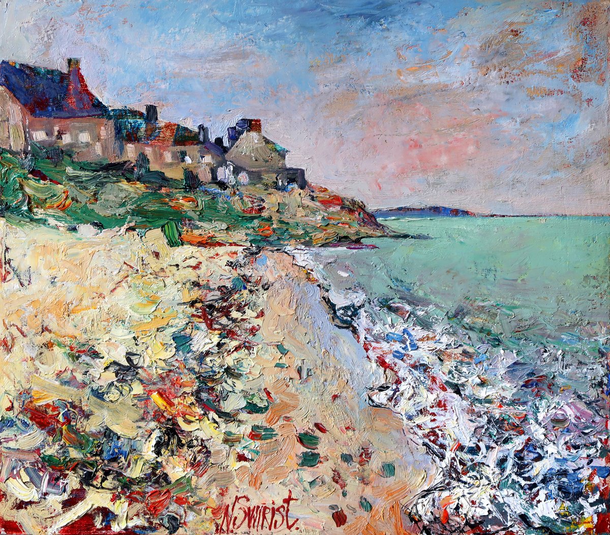 Impressionistic Landscape Oil Painting By Nikifor Swiristuhin, 16 X 14", "Kerjouanno Beach", Original Artwork