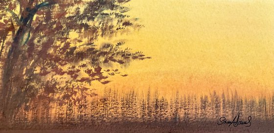 River tree, reeds, sunset, dusk