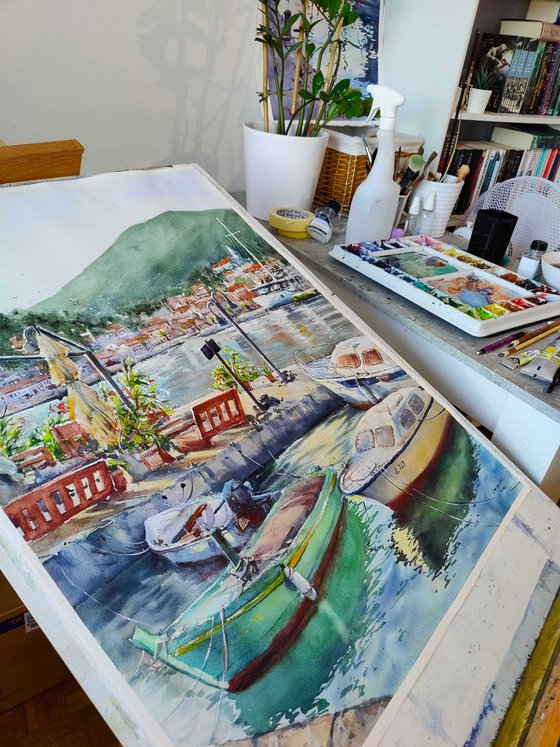 The beautiful port of Jelsa, Hvar | Original watercolor painting (2022) Hand-painted Art Small Artist | Mediterranean Europe Impressionistic