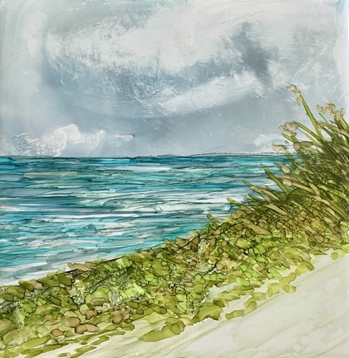 Original Alcohol Ink on Tile with Stand Seascape Beach by Rosie Brown