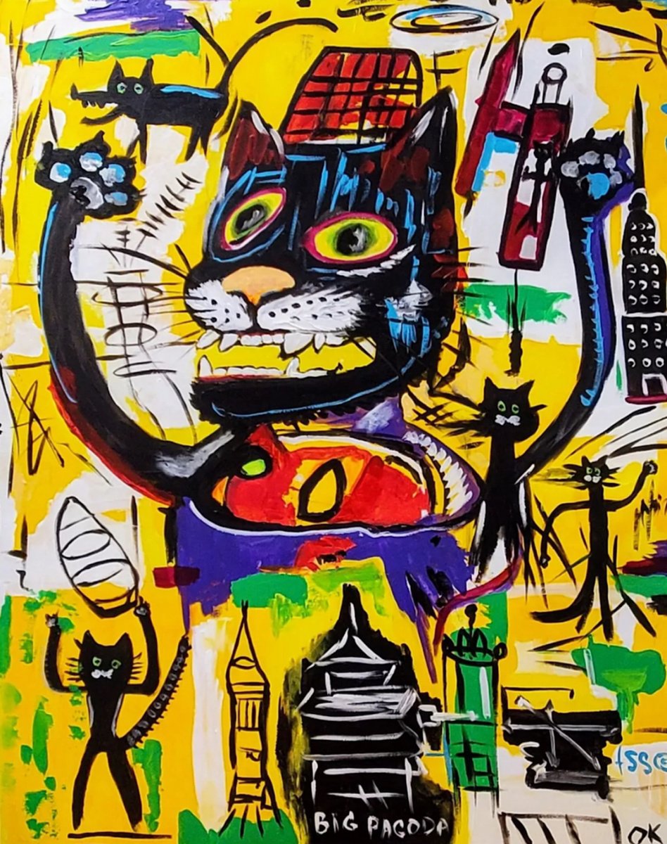 Expressive Animal Acrylic Painting By Olga Koval, 32 X 40", Pyro Cat 1984, Original Artwork