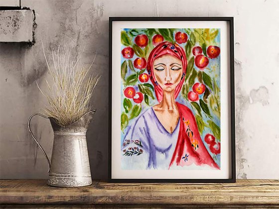 Female Painting Portrait Original Art Ukrainian Woman Watercolor Apple Tree Artwork Red Apples Home Wall Art 12 by 17" by Halyna Kirichenko