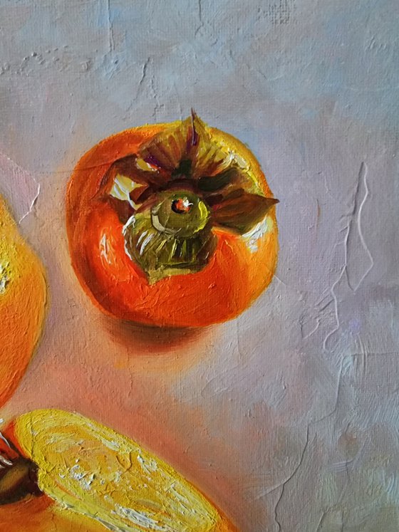"Fragrant persimmon. "  still life liGHt original painting PALETTE KNIFE  GIFT (2021)