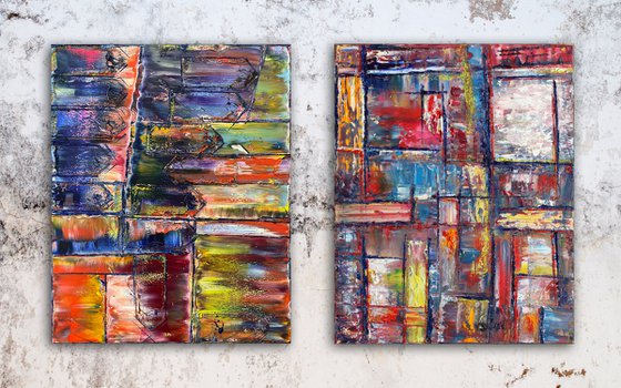 "Keep Your Distance" - FREE USA SHIPPING + Save As A Series - Original PMS Abstract Diptych Oil Paintings On Canvas - 32" x 20"