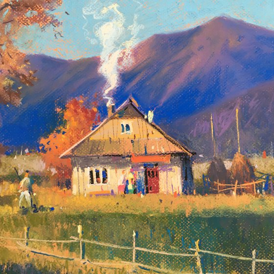 Ukrainian art Sunny Autumn day in Carpathian. Pastel on paper 19.6x19.6 inch (50x50 cm)