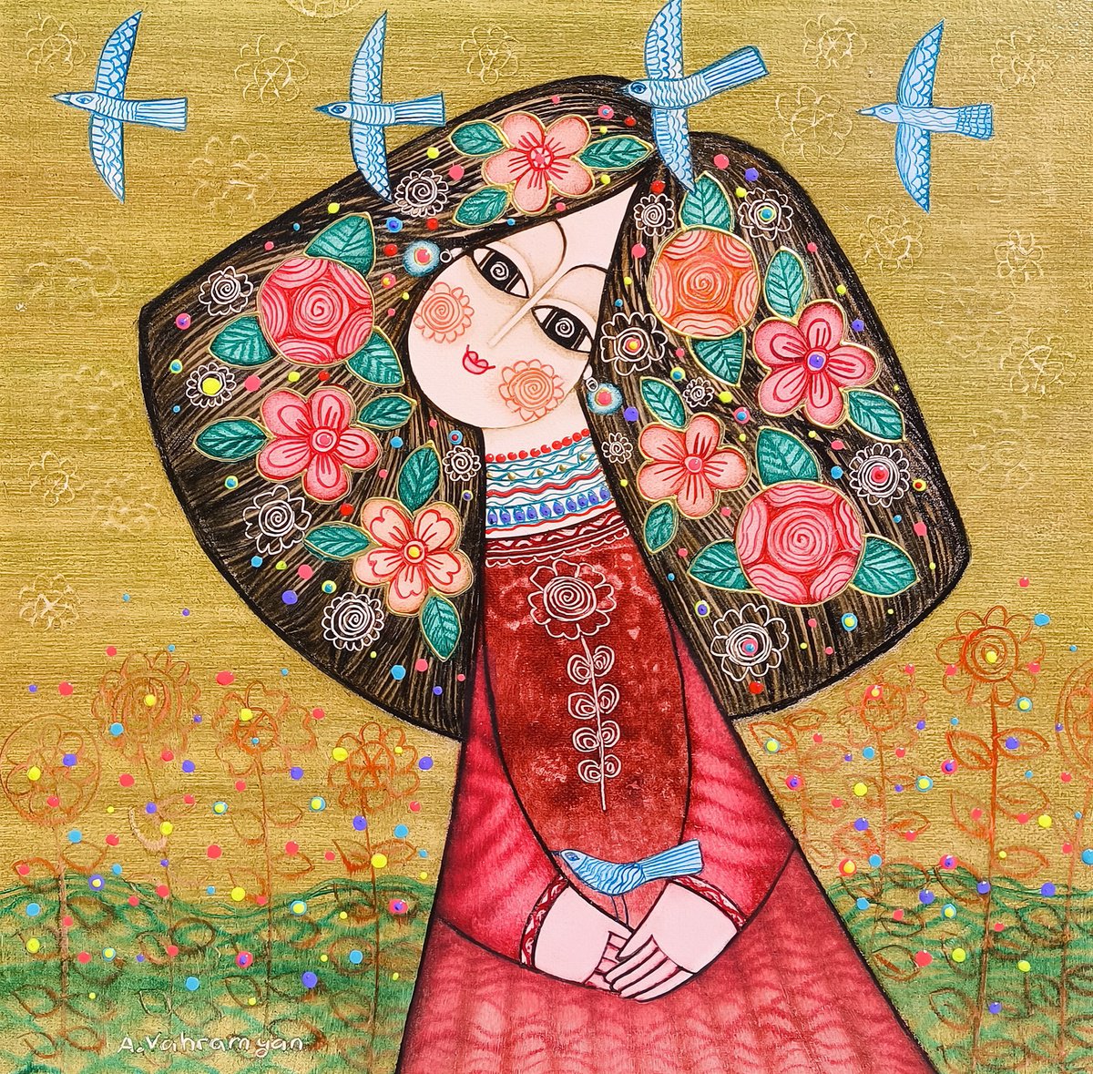 Naive Portrait Oil Painting By Armen Vahramyan, 16 X 16, In Harmony With Nature, Original Artwork