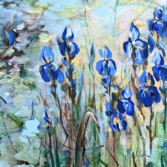 Blue irises at the pond II