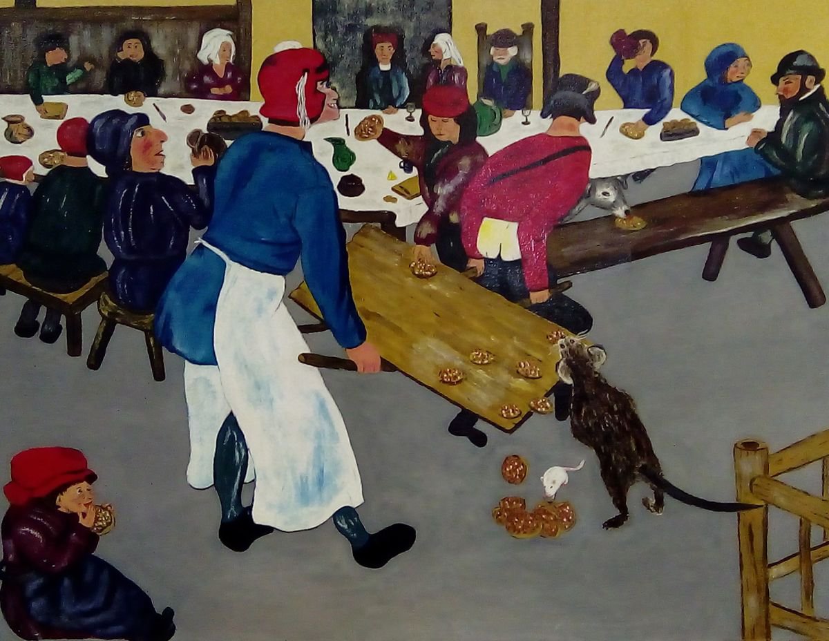 Naive Portrait Oil Painting By Corinne Hamer, 32 X 24, Dinner Time, Original Artwork