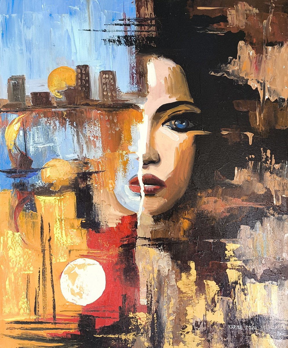 Abstract Cityscapes Oil Painting By Karine Harutyunyan, 20 X 24", Duality Of Existence, Original Artwork