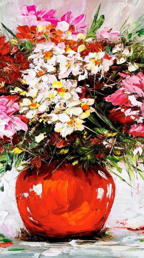 BOUQUET OF SUMMER FLOWERS - Bright still life. Colorful bouquet. Meadow flowers. Fresh gerberas. Garden daisies. Spring. Joy. Cosiness. by Marina Skromova
