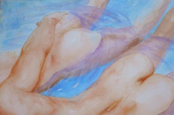 Watercolor painting  gay men in the swimming pool on paper#16-12-21-01