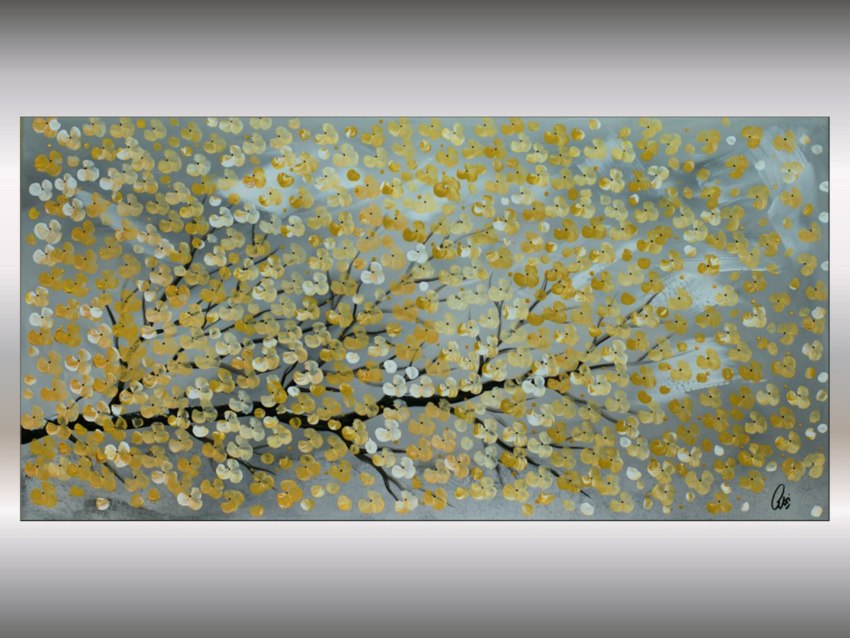 Abstract Botanical Acrylic Painting By Edelgard Schroer, 39 X 20, Golden Spring, Original Artwork