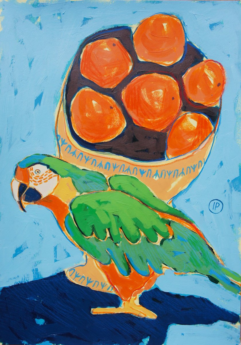 Impressionistic Animal Painting By Irina Plaksina, 8 X 12, Parrot And Oranges, Original Artwork