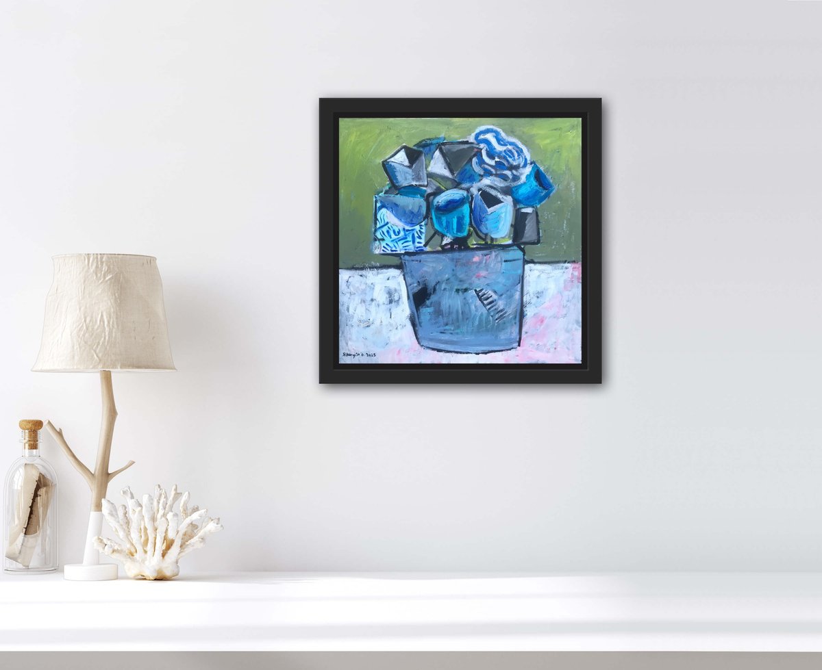 Geometric Botanical Oil Painting By Roberto Munguia Garcia, 12 X 12", Blue Flower Selection, Original Artwork