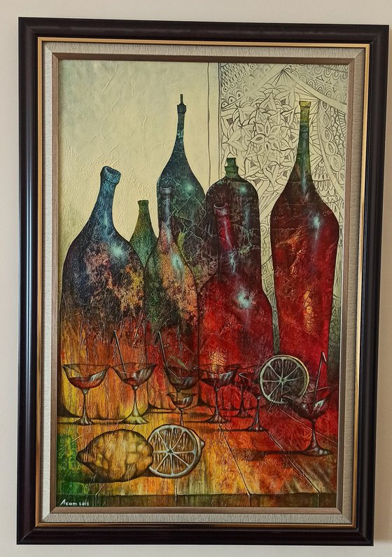 Still life with bottles 70x45cm ,Acrylic/canvas