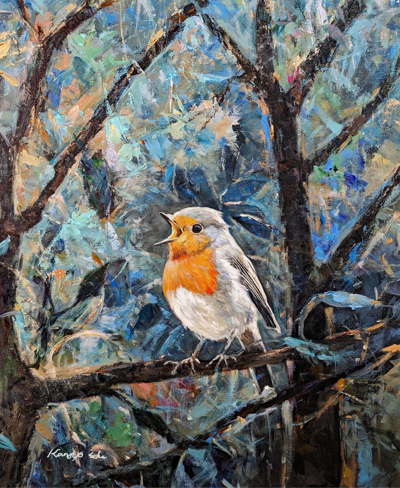Impressionistic Animal Acrylic Painting By Kanayo Ede, 24 X 30", Robin, Original Artwork