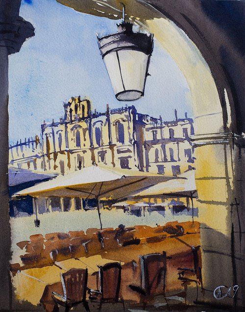 Salamanca. Plaza Mayor view. Original small watercolor spain castilla y leon urban city landscape architecture warm by Sasha Romm