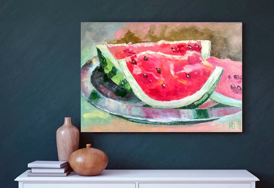 Watermelon slices, Watermelon Painting Original Art Fruit Artwork Still Life Kitchen Wall Art