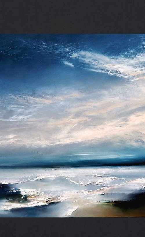 "The Prelude" abstract blue, white abstarct seascape painting 116cm x 89cm by Olena Topliss