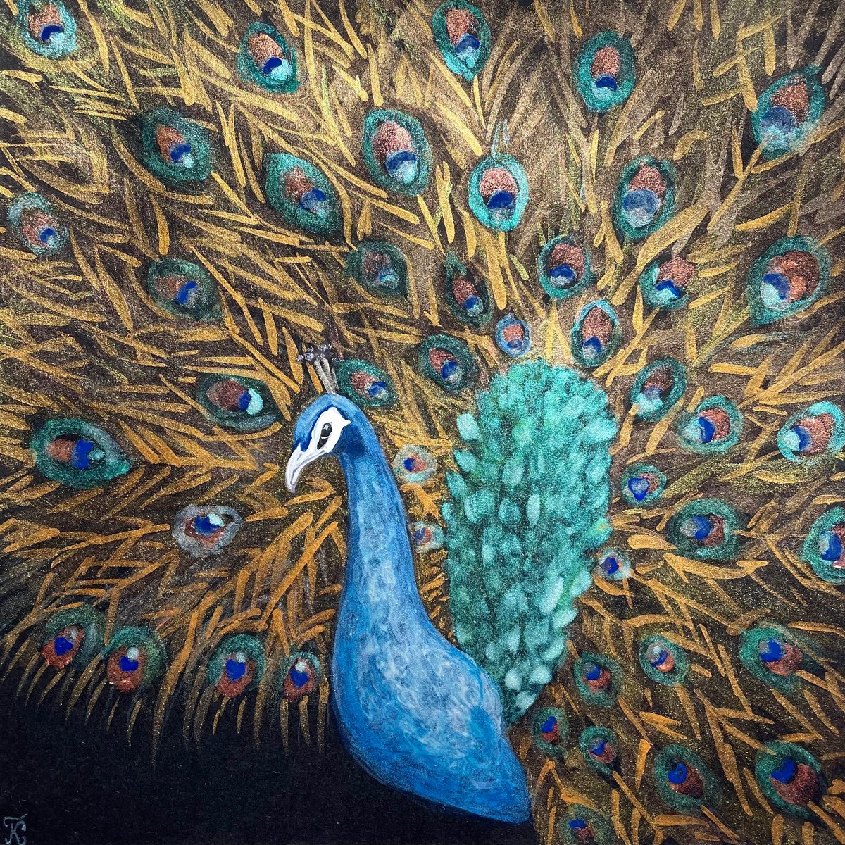 Peacock Watercolor Painting, Original Artwork, Small Metallic Painting, Shiny Wall Art by Kate Grishakova