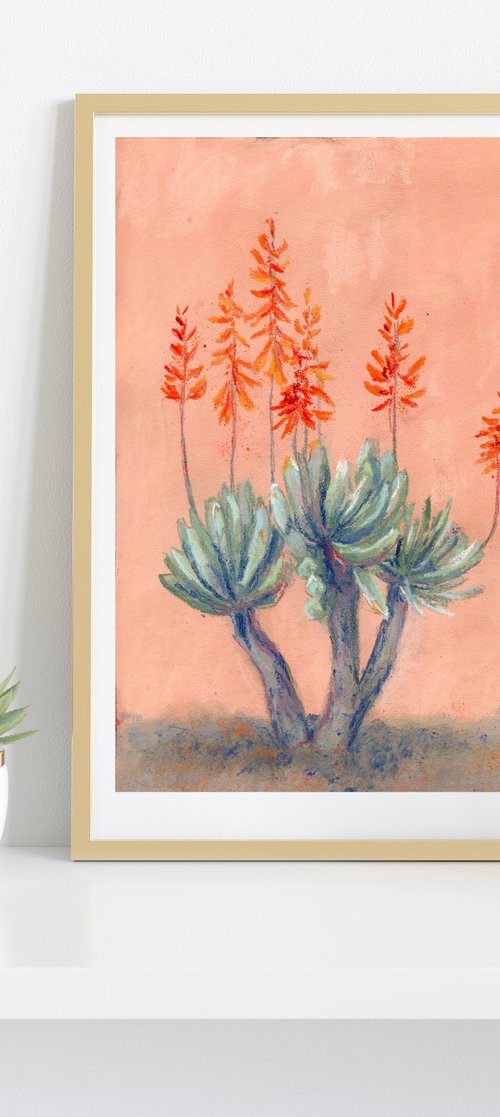 Pastel drawing of exotic plant against peachy wall by Liliya Rodnikova