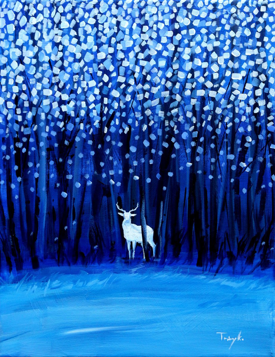 Expressive Animal Acrylic Painting By Trayko Popov, 14 X 18", Winter In The Forest. Snow. Woods, Original Artwork