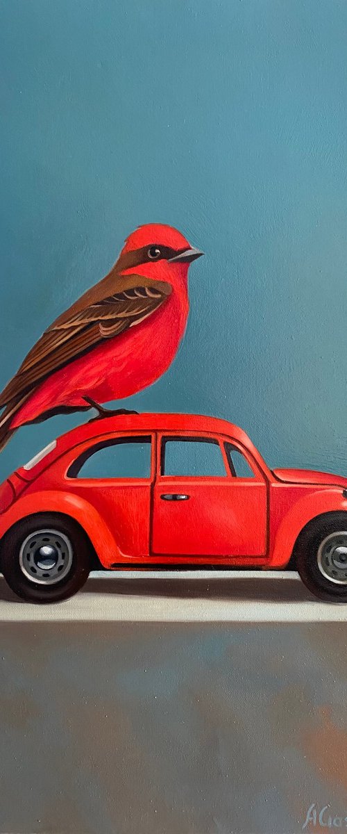 Still life with bird and old red car by Ara Gasparian