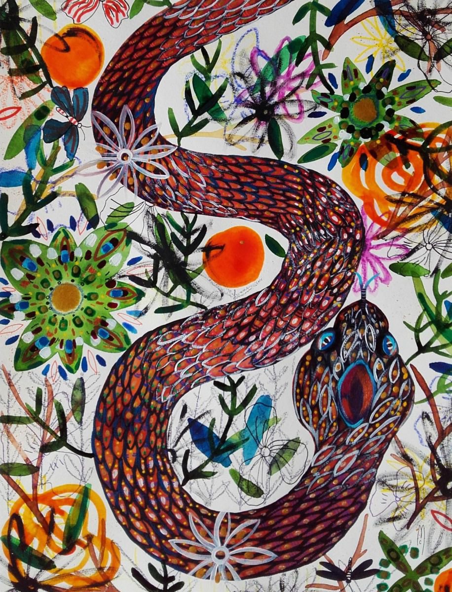 Snake Painting Animal Painting Nature Snake Flowers Serpent Peinture by Celine Marcoz