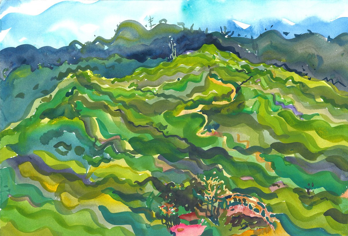 Impressionistic Landscape Watercolour By Tanbelia, 22 X 15", Tea Plantation, Original Artwork