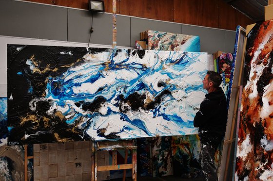 Cobalt Reign 270cm x 120cm Blue Black Gold Abstract Art