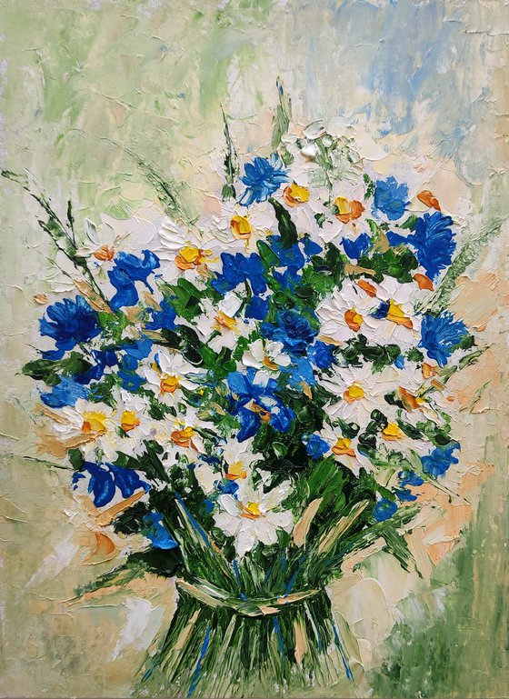 Wildflowers Bouquet Painting Daisy Artwork Forget-me-Nots Wall Art