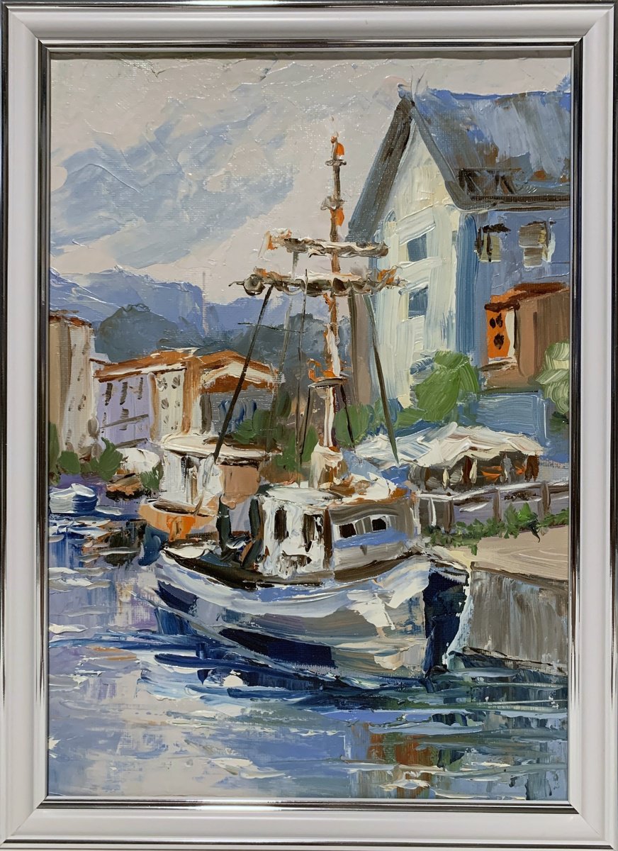 Impressionistic Landscape Oil Painting By Vita Schagen, 9 X 13", Harbor Idyll. Yachts,Boats., Original Artwork
