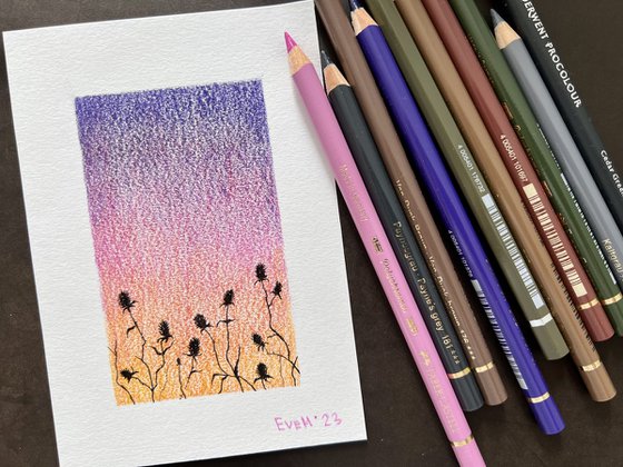 Two miniatures depicting dried flowers against a sunset background. Miniature of flowers, silhouettes of flowers at sunset. Original artworks.